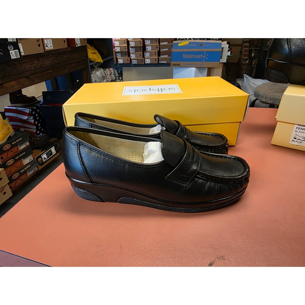 Softspots Pennie Black Leather Loafers Womens 7.5 M Pillowtop Comfort Wedge Shoe